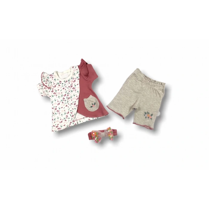 3-6 6-9 9-12 Ay Melek Kız Nakışlı Bandanalı Kısa Kollu Sweatli Şortlu 3lü Kız Bebek Takımı Nar Çiçeği