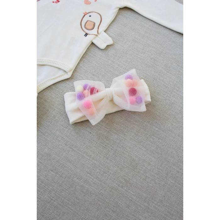 3-6 6-9 9-12 Ay Şarkıcı Kuşlar Nakışlı Bandanalı Uzun Kollu Zıbınlı 3lü Kız Bebek Takımı Ekru