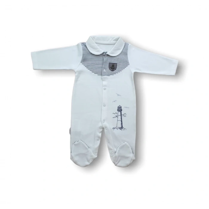 3-6 6-9 Ay Deniz Feneri Nakışlı Patikli Uzun Kollu Erkek Bebek Tulumu Ekru