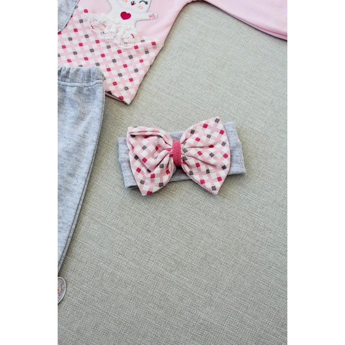 3-6 9-12 12-18 Ay Havuç Tavşan Nakışlı Bandanalı Cepli Uzun Kollu Sweatli 3lü Kız Bebek Tak Pembe