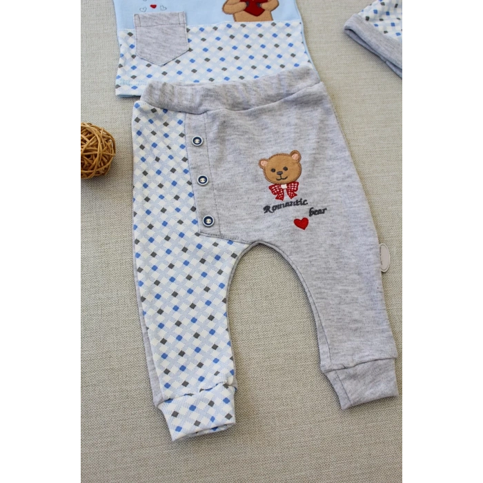 3-6 9-12 12-18 Ay Romantik Ayıcık Nakışlı Şapkalı Uzun Kollu Sweatli 3lü Kız-erkek Bebek Takımı Mavi