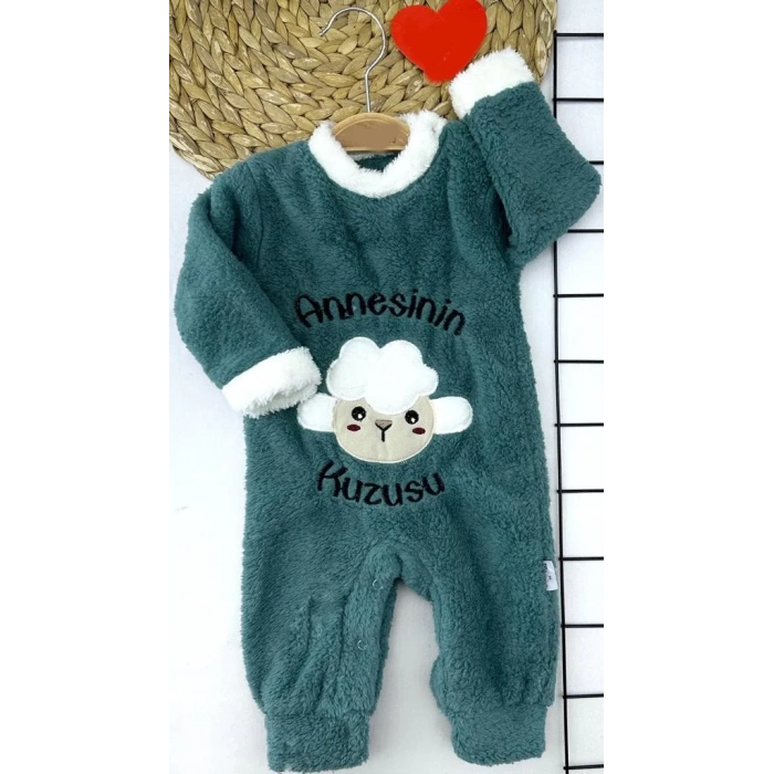 3-6-9-12 Ay Kuzu Tüylü Kumaş Annesinin Kuzusu Nakışlı Alttan Çıtçıtlı Kız Erkek Bebek Tulumu Petrol Mavisi