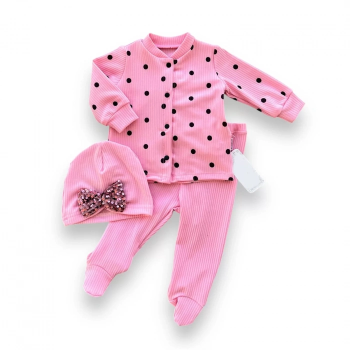 3-6-9-12 Ay Puantiyeli Şapkalı Çıtçıt Kapamalı Patikli 3lü Kız Bebek Takımı Pembe