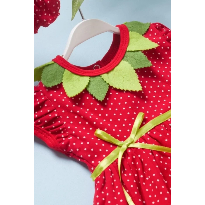 3-6-9 Ay Çilek Bebekler Penye Kumaş Kısa Kol Bebek Elbisesi Kırmızı