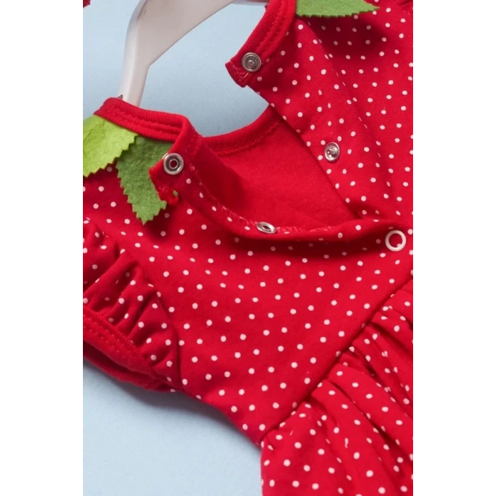 3-6-9 Ay Çilek Bebekler Penye Kumaş Kısa Kol Bebek Elbisesi Kırmızı