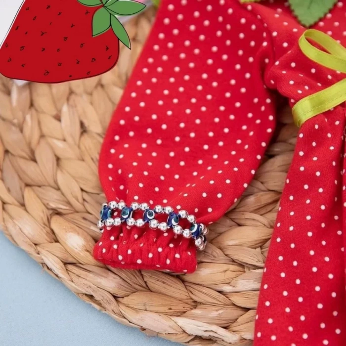 3-6-9 Ay Çilek Bebekler Penye Kumaş Şapkalı Bileklik Hediyeli Uzun Kollu Kız Erkek Bebek Tulumu Kırmızı