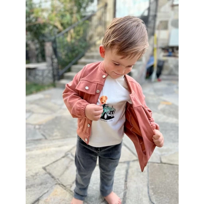 4-5-6 Yaş Kot Pantolonlu Nubukceketli Uzun Kollu Penye Sweat 3lü Erkek Çocuk Takımı Kiremit