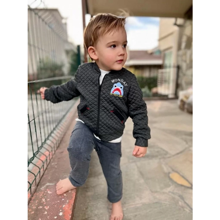 4-5-6 Yaş Kot Pantolonlu Pilot Mont Uzun Kollu Penye Sweat 3lü Erkek Çocuk Takımı Gri