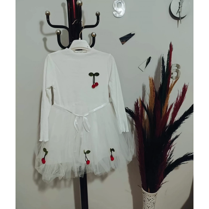 5-6-7 Yaş Kiraz Desenli Kurdela Kuşaklı Astarlı Uzun Kollu Kız Çocuk Tütü Elbise Beyaz