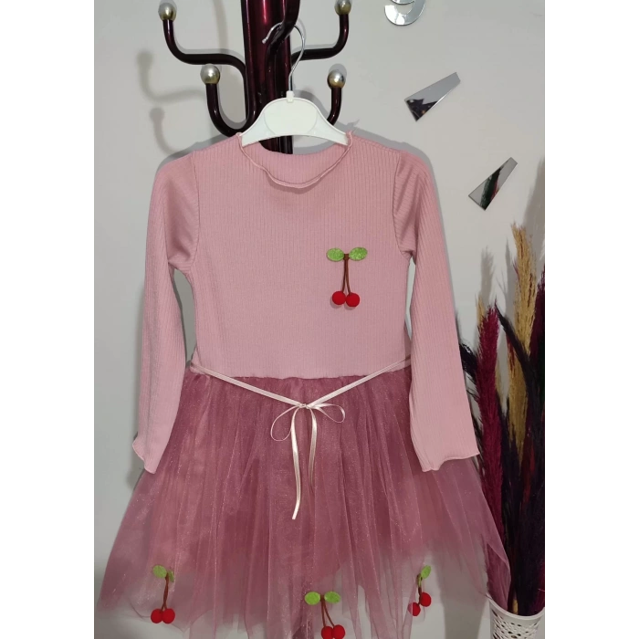 5-6-7 Yaş Kiraz Desenli Kurdela Kuşaklı Astarlı Uzun Kollu Kız Çocuk Tütü Elbise Gül Kurusu