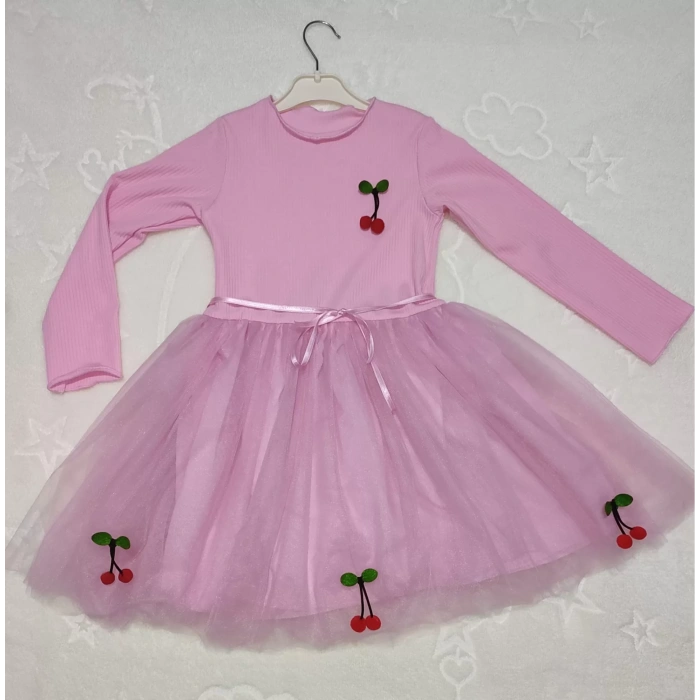 5-6-7 Yaş Kiraz Desenli Kurdela Kuşaklı Astarlı Uzun Kollu Kız Çocuk Tütü Elbise Pembe