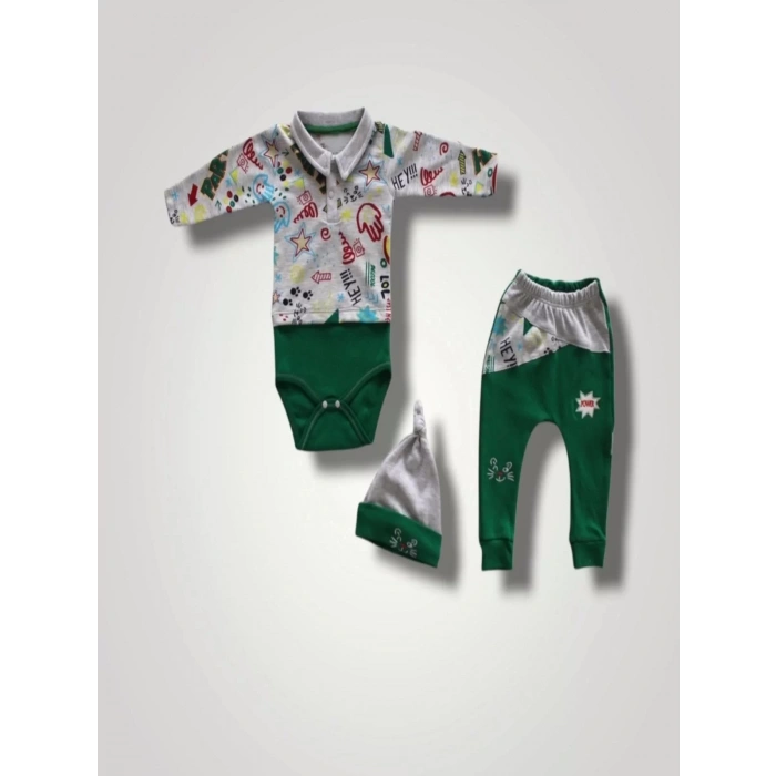 6-9 12-18 18-24 Ay Power Kedi Nakışlı Uzun Kollu Zıbınlı Şapkalı 3lü Kız Erkek Bebek Takımı Yeşil