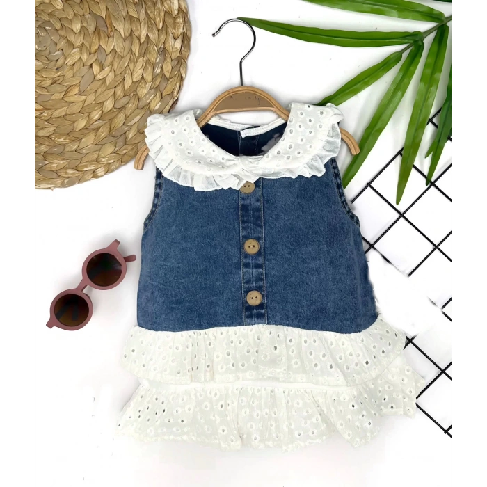 6-9-12-18 Ay Güpür Yaka Ve Etek Detaylı Kot Kilotlu Etek Kız Bebek Elbisesi Mavi