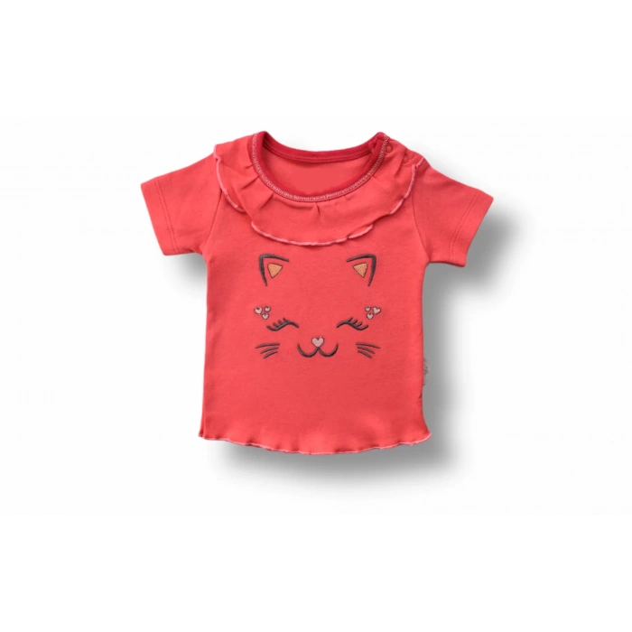 6-9 9-12 12-18 Ay Vip Kedi Baskılı Bandanalı Kısa Kollu Sweat 3lü Kız Bebek Takımı Nar Çiçeği