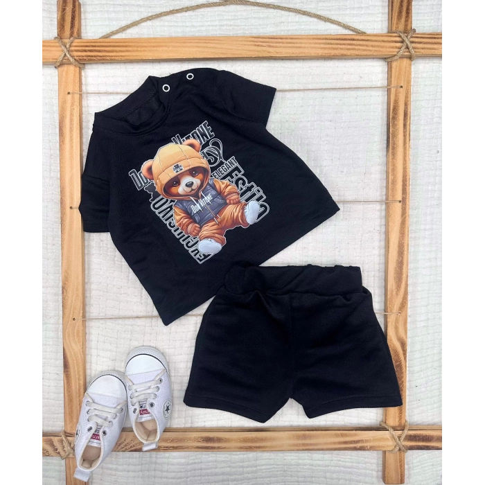 9-12-18-24 Ay Dansçı Ayıcık Baskılı Şortlu Kısa Kollu Tişört 2li Erkek Bebek Takımı