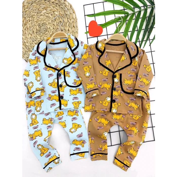 9-12-18-24 Ay Garfield Baskılı Düğme Kapamalı 2li Kız Erkek Bebek Pijama Takımı Kahverengi