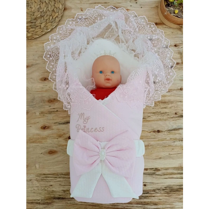 Bal Peteği My Princess Taç Nakış İnci Fiyonklu Dantel Duvaklı Delüks Kundak Bebek Battaniyesi Pembe