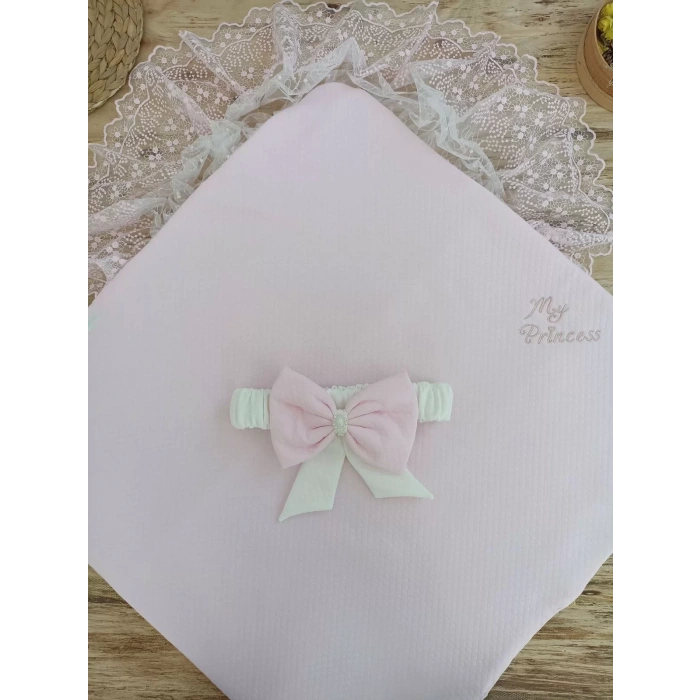 Bal Peteği My Princess Taç Nakış İnci Fiyonklu Dantel Duvaklı Delüks Kundak Bebek Battaniyesi Pembe