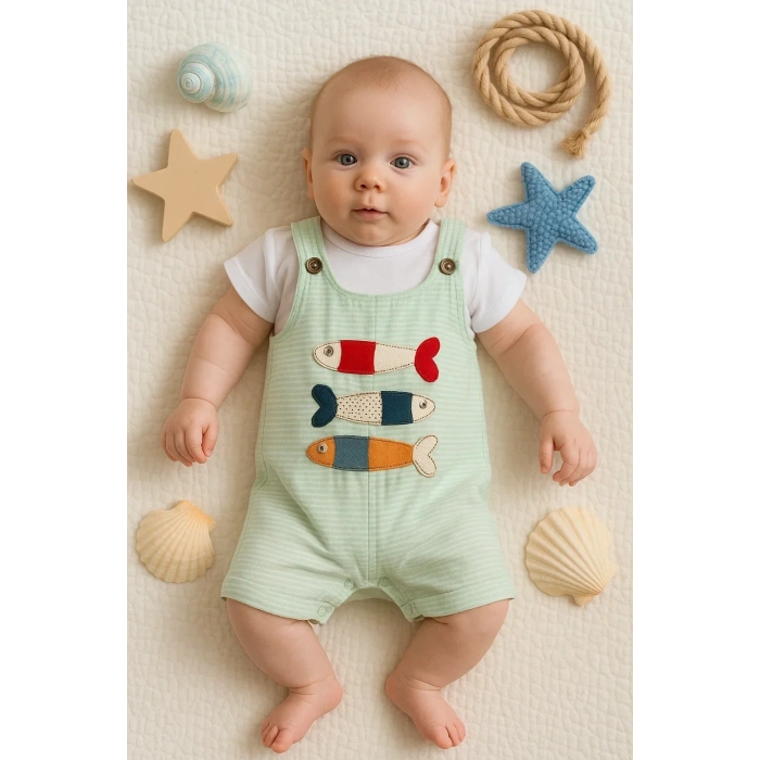 Balık Nakışlı Kısa Kollu Erkek Bebek Tulumu
