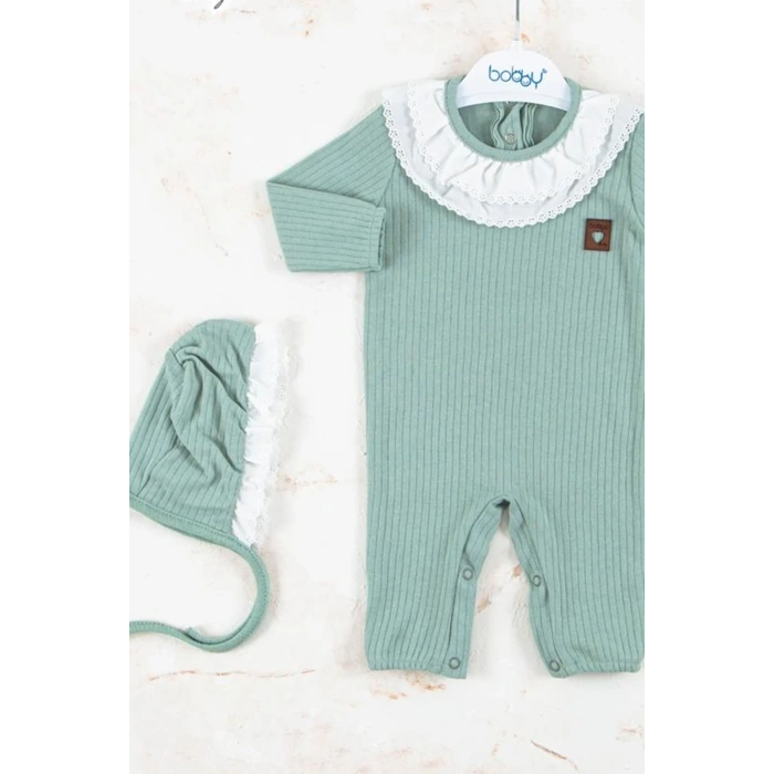 Brode Nakışlı Şapkalı % 100 Pamuk Kız Bebek Tulumu