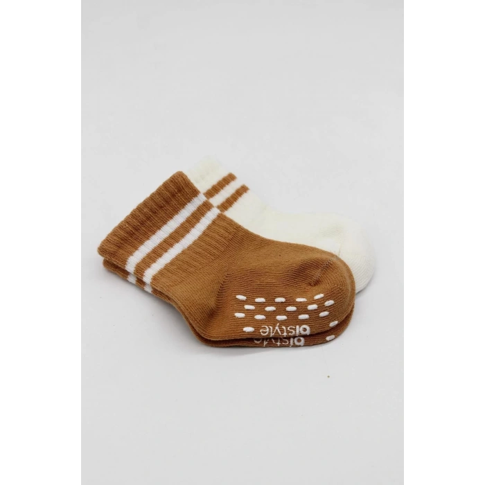 Çemberli Kaymaz Soket Çorap 2li  Ekru Hardal