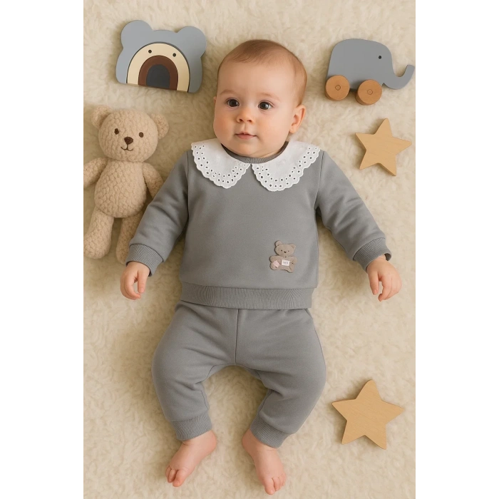 Dantel Yakalı Pamuklu 2li Kız Bebek Takımı