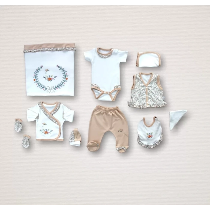 Erguvan Taç Nakışlı  Kız Bebek 10lu Zıbın Takımı Hastane Çıkışı Turuncu