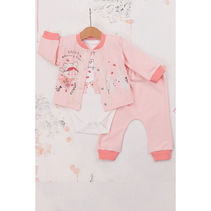 Happy Dancing Desenli 3lü Hırkalı Kız Bebek Takım