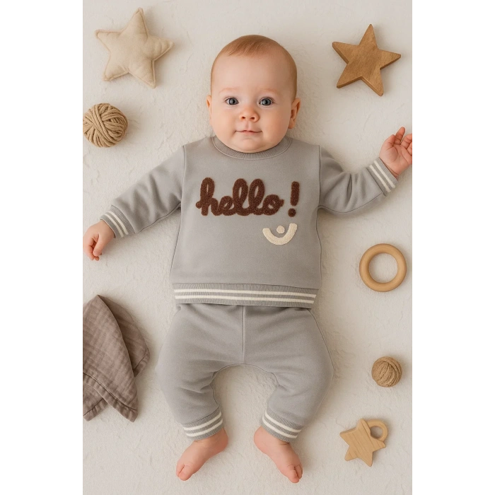 Hello Nakışlı % 100 Pamuk 2li Erkek Bebek Takım