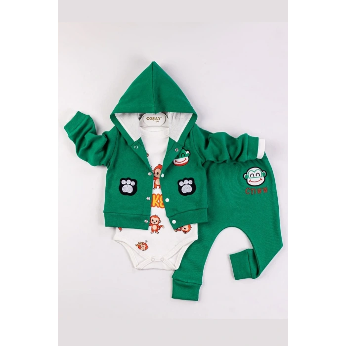 Monkey Nakışlı Kapişonlu Erkek Bebek Takım