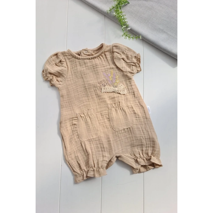 Müslin Kumaş Çiçek Nakışlı Pamuklu Kız Bebek Tulum