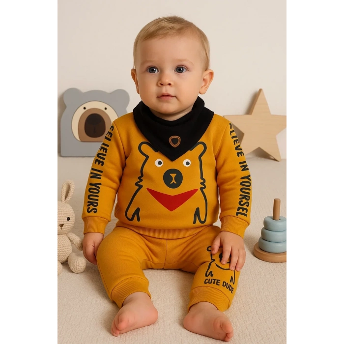 Oynar Gözlü Fularlı 3lü Erkek Bebek Takımı