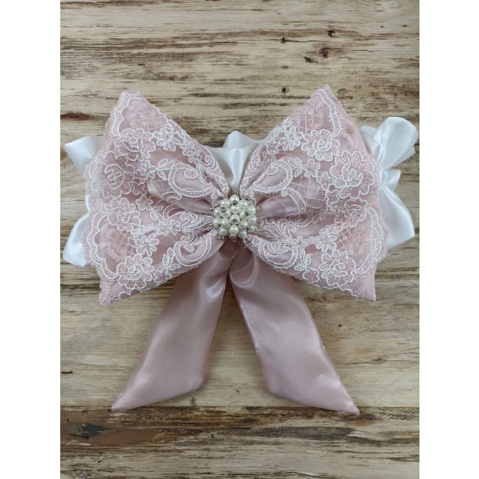 Sahra Taç Nakışlı İnci Ve Dantel Fiyonklu Çift Dantel Duvaklı Trilüks Kundak Bebek Battaniyesi Gül Kurusu