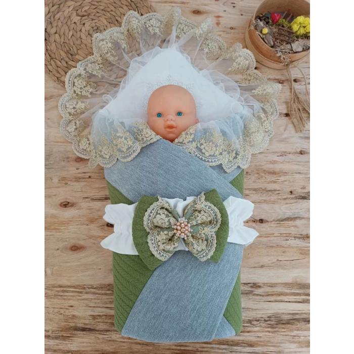 Yenidoğan Teri Cotton Taç Nakışlı Prizma Taş Kundak Bebek Battaniyesi Yeşil