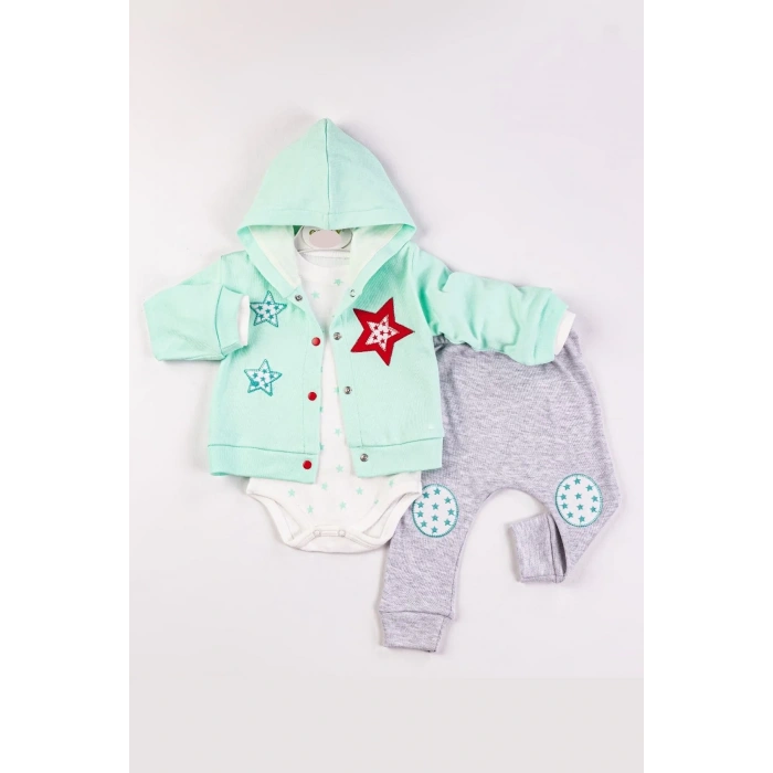 Yıldız Nakışlı Kapişonlu Kız Bebek Takımı
