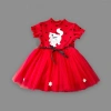 1-2-3 Yaş Payetli Kedicik Baskılı Puantiyeli Kız Bebek Elbisesi Kırmızı