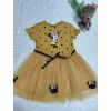 2-3-4 Yaş Puantiyeli Mickey Baskılı Kurdela Kuşaklı Astarlı Kız Bebek Tütü Elbisesi Hardal
