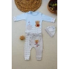 3-6 9-12 12-18 Ay Romantik Ayıcık Nakışlı Şapkalı Uzun Kollu Sweatli 3lü Kız-erkek Bebek Takımı Mavi