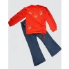 4-5-6 Yaş Kot Pantolonlu Kiraz Desenli Penye Sweat Uzun Kollu 2li Kız Çocuk Takımı Kırmızı