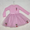 5-6-7 Yaş Kiraz Desenli Kurdela Kuşaklı Astarlı Uzun Kollu Kız Çocuk Tütü Elbise Pembe
