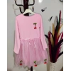 5-6-7 Yaş Kiraz Desenli Kurdela Kuşaklı Astarlı Uzun Kollu Kız Çocuk Tütü Elbise Pembe