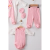 Kelebek Nakışlı Tulumlu % 100 Pamuk Kız Bebek 5li Set