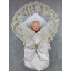 Yenidoğan Saray Kadife Taç Nakışlı İnci Fiyonklu Çift Dantel Duvak Trilüks Kundak Bebek Battaniyesi Vizon-gold