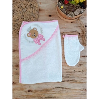 0-1 Yaş Bear Nakışlı El Keseli 2li Kız Bebek Havlu Takımı Pembe