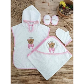 0-1 Yaş Bear Nakışlı Pareolu 4lü Kız Bebek Havlu Silgi Takımı Pembe