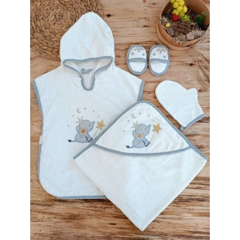 0-1 Yaş Sevimli Fil Nakışlı Pareolu 4lü Kız Erkek Bebek Havlu Silgi Takımı Ekru