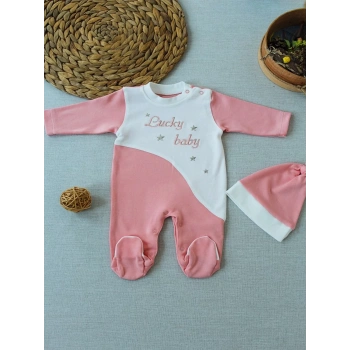 0-3 3-6 Ay Lucky Baby Nakışlı Es Çizgi Boy Şapkalı Kız Bebek Tulumu Pudra