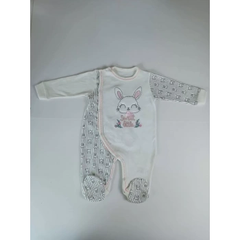 0-3 3-6 Ay Minik Tavşan Nakışlı Boydan Çıtçıt Kapamalı Kız Erkek Bebek Tulumu Ekru
