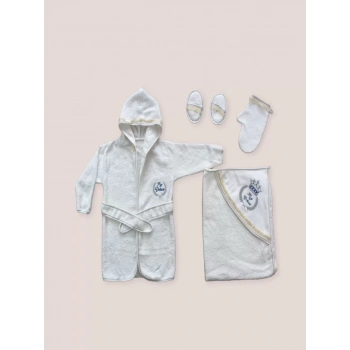 0-6 Ay Kaplan Nakışlı Bornozlu 5li Erkek Bebek Havlu Silgi Takımı Mavi