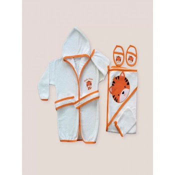 0-6 Ay Kaplan Nakışlı Bornozlu 5li Erkek Bebek Havlu Silgi Takımı Turuncu